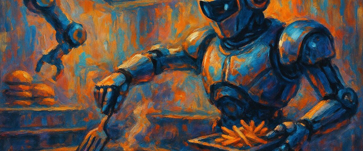 Artistic horizontal painting of a futuristic kitchen with a humanoid robot chef flipping a burger on a glowing grill. The robot, sleek and metallic with teal highlights, wears a classic chef’s hat. Warm kitchen lights contrast with cool sci-fi tones, creating a vivid, imaginative fusion of technology and culinary artistry.
